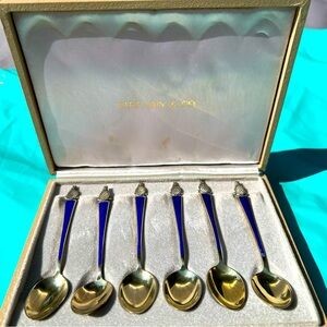 Vintage Tiffany & Co Denmark Sterling & Blue Enameled Demitasse Spoons w/case